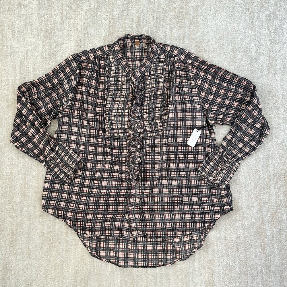 NWOT Free People One Cotton Long Sleeve Button Up Plaid Blouse Top S
